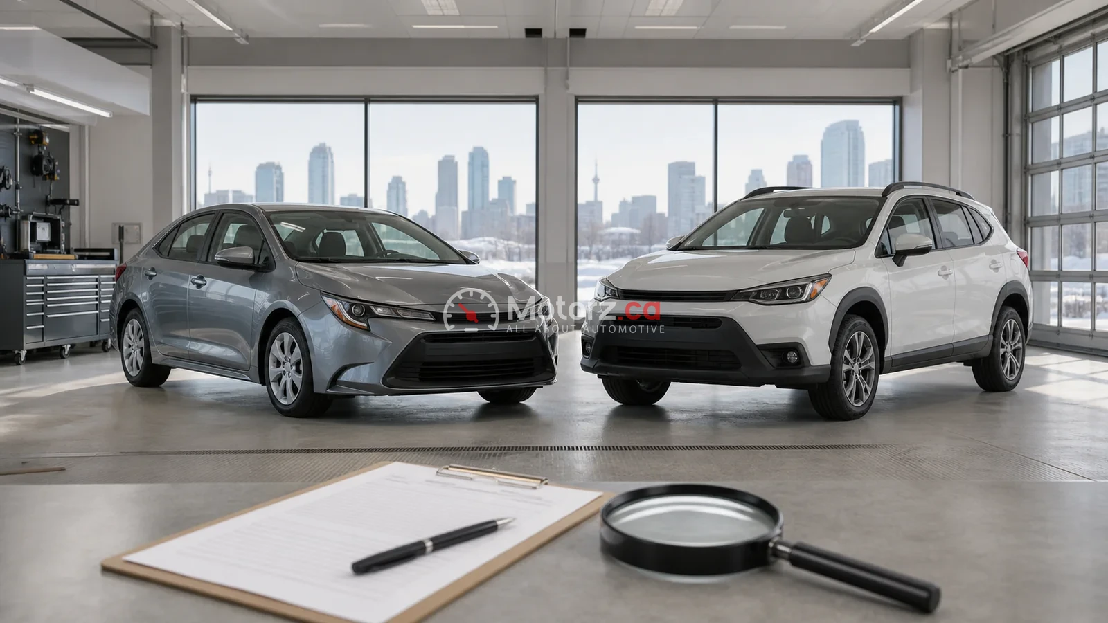 Best Used Cars to Buy in Canada: A Smarter Shortlist 6 Conceptual used sedan and crossover in a bright vehicle inspection bay