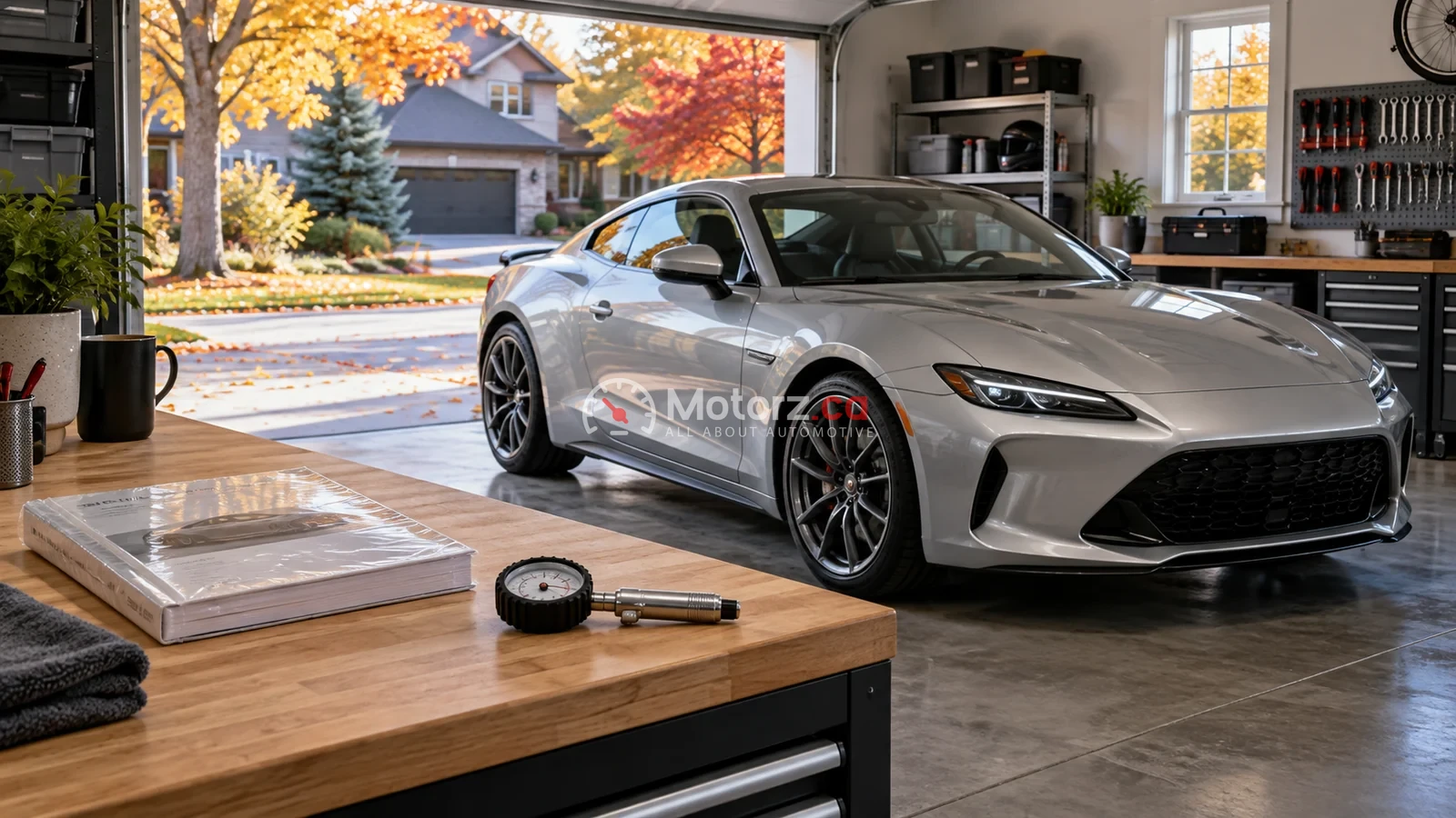 Sports Car Maintenance in Canada: Schedules, Tires and Storage 1 Conceptual illustration of a sports coupe in a garage beside a manual and tire pressure gauge