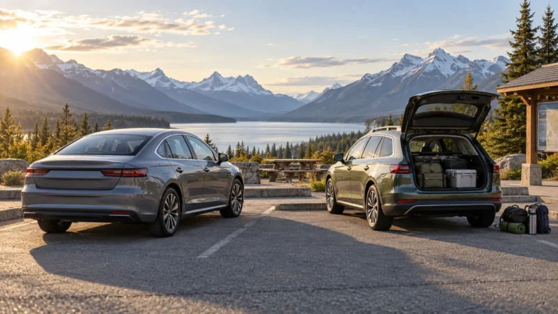 Conceptual image of an unbranded sedan and wagon prepared for a Canadian road trip