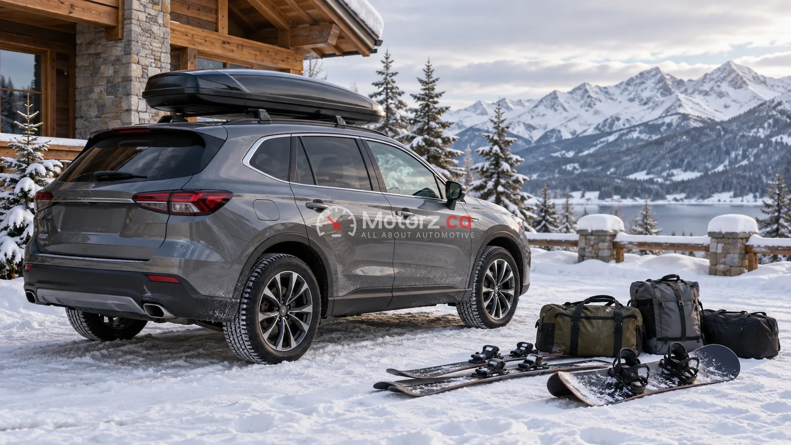 Conceptual illustration of a parked crossover with a roof box beside skis, a snowboard and gear bags