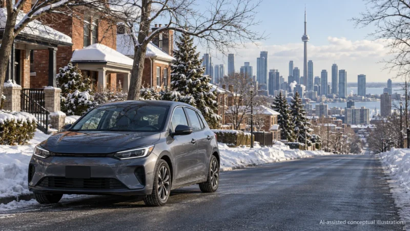 Toronto Winter Travel: Road Notices, Parking and Alternatives 20 Conceptual illustration of a parked car on a snowy residential street with a Toronto-inspired skyline