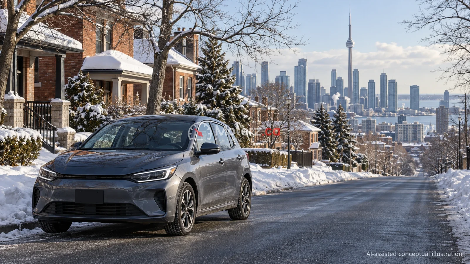 Toronto Winter Travel: Road Notices, Parking and Alternatives 10 Conceptual illustration of a parked car on a snowy residential street with a Toronto-inspired skyline
