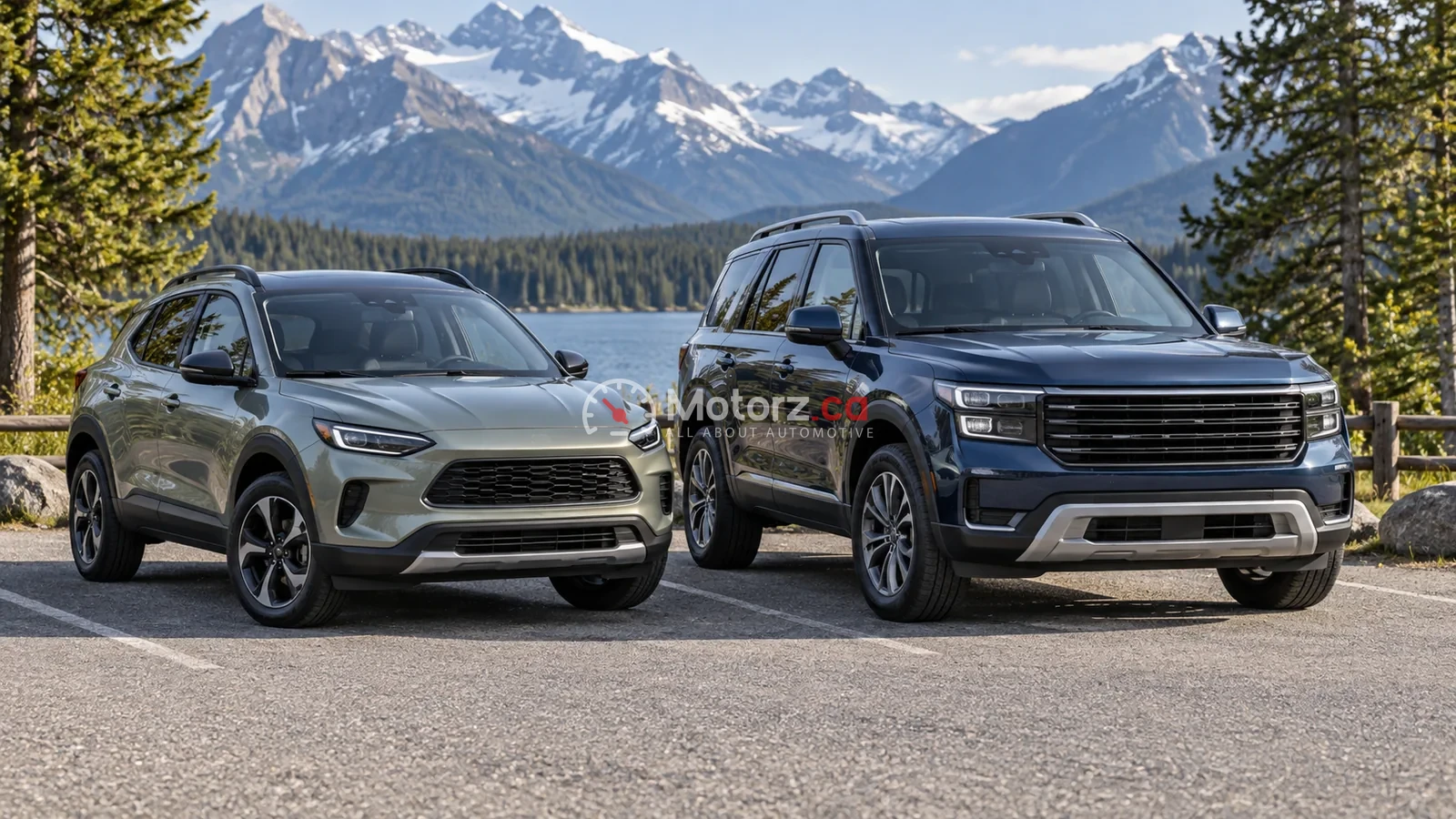 SUV vs. Crossover: Construction, Space and Canadian Ownership Needs 2 Conceptual illustration of a compact crossover and a larger upright SUV parked together