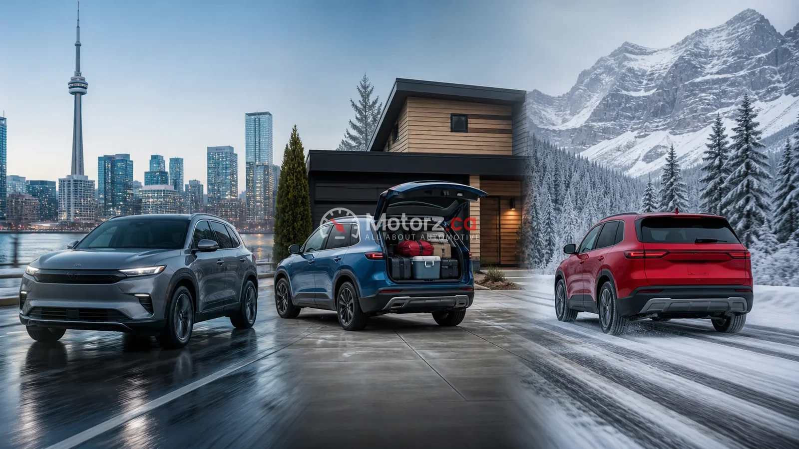 Conceptual lineup of unbranded compact SUVs in Canadian driving settings