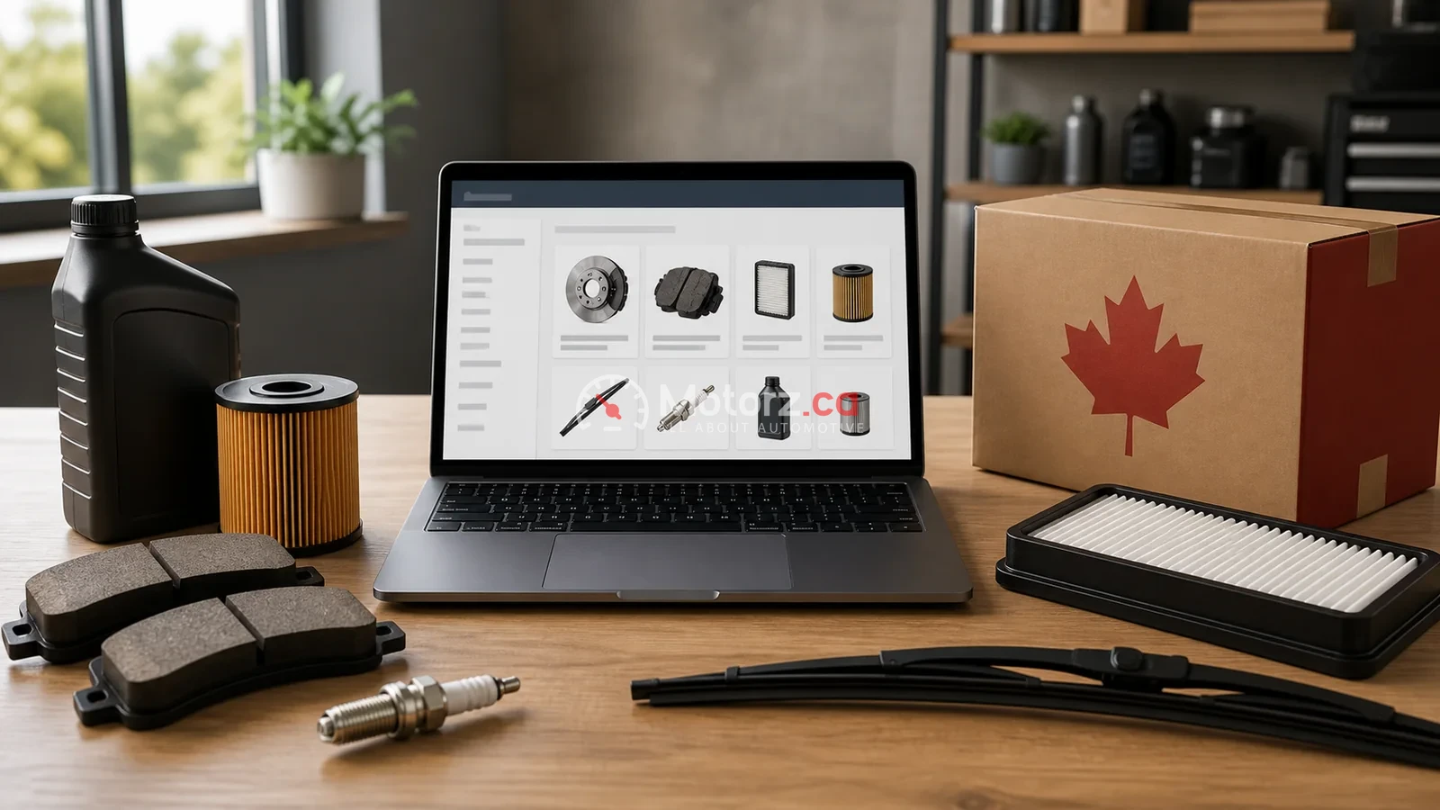 Conceptual online auto-parts catalogue with common maintenance parts on a workbench
