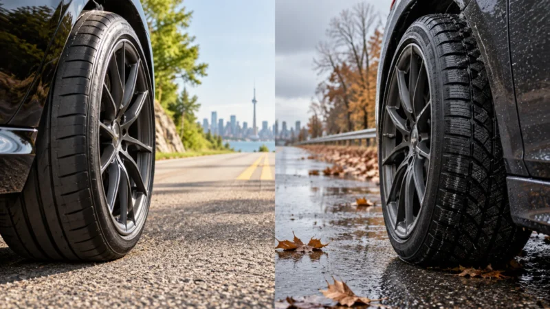 Summer vs. All-Season Performance Tires for Ontario Drivers 20 Conceptual split-season comparison of summer and all-season performance tires on Ontario roads