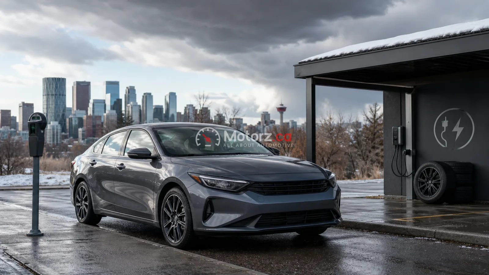 The Real Cost of Owning a Car in Calgary 9 Conceptual illustration of an unbranded car in Calgary beside symbols for parking, fuel, insurance, winter tires and hail