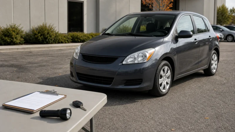 A used hatchback beside a vehicle-check clipboard, flashlight and key
