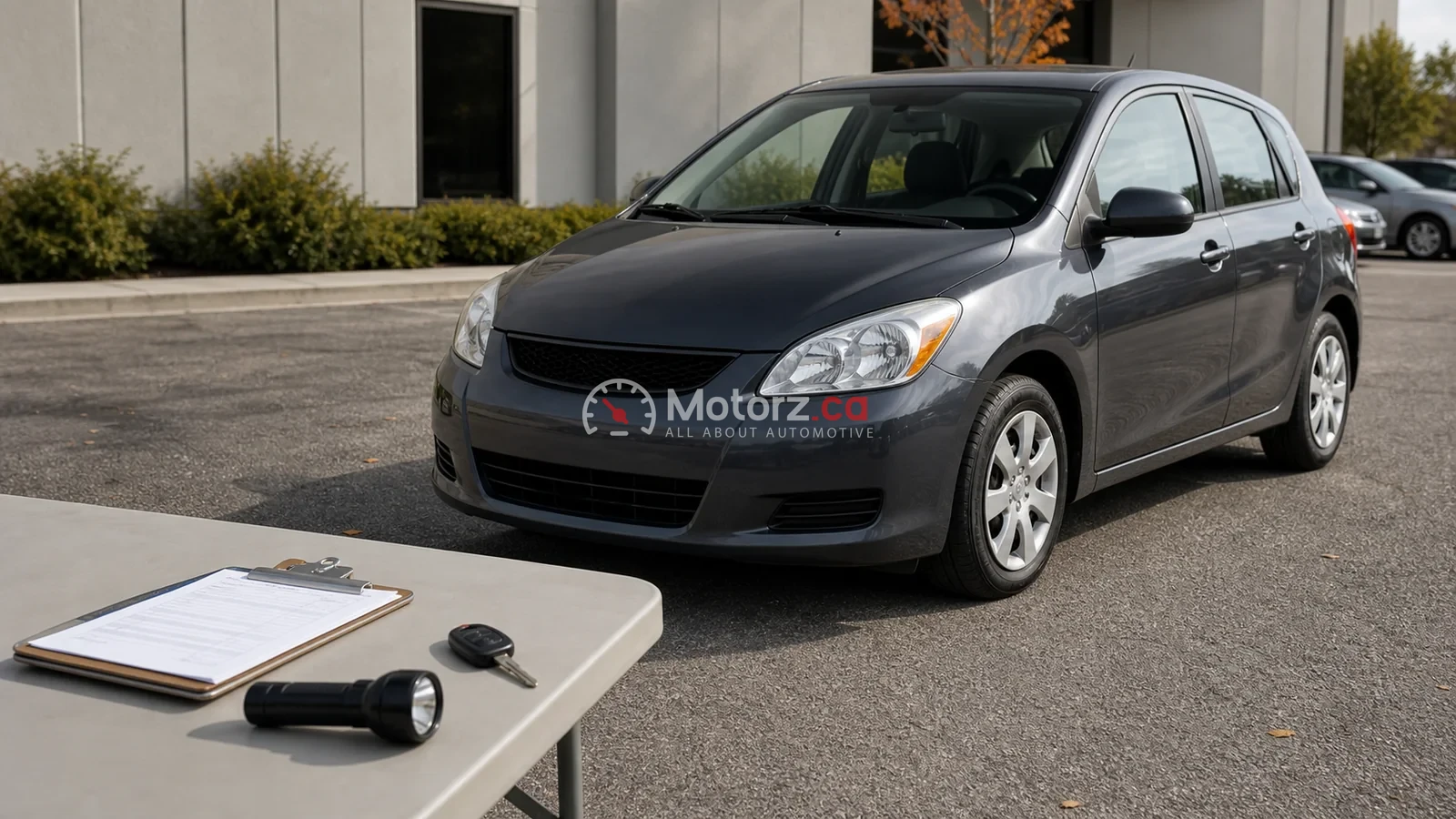 A used hatchback beside a vehicle-check clipboard, flashlight and key