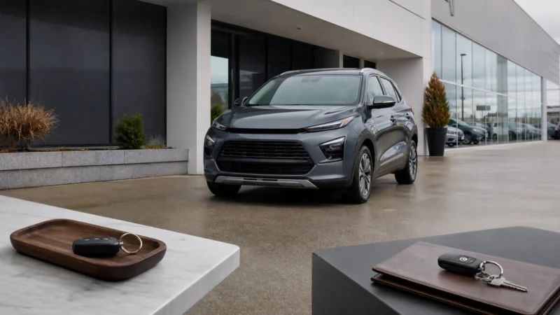 An unbranded grey crossover with separate vehicle keys representing lease and purchase choices