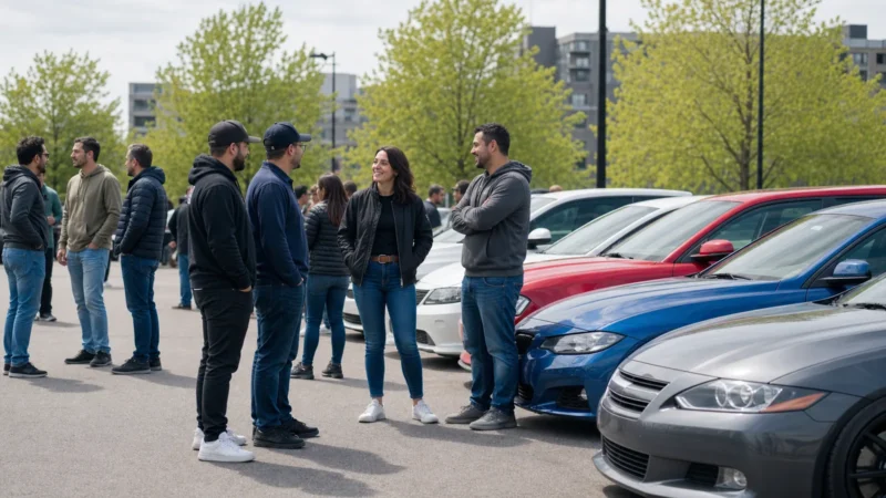 Diverse group of automotive enthusiasts talking beside parked cars at a permitted Montréal gathering