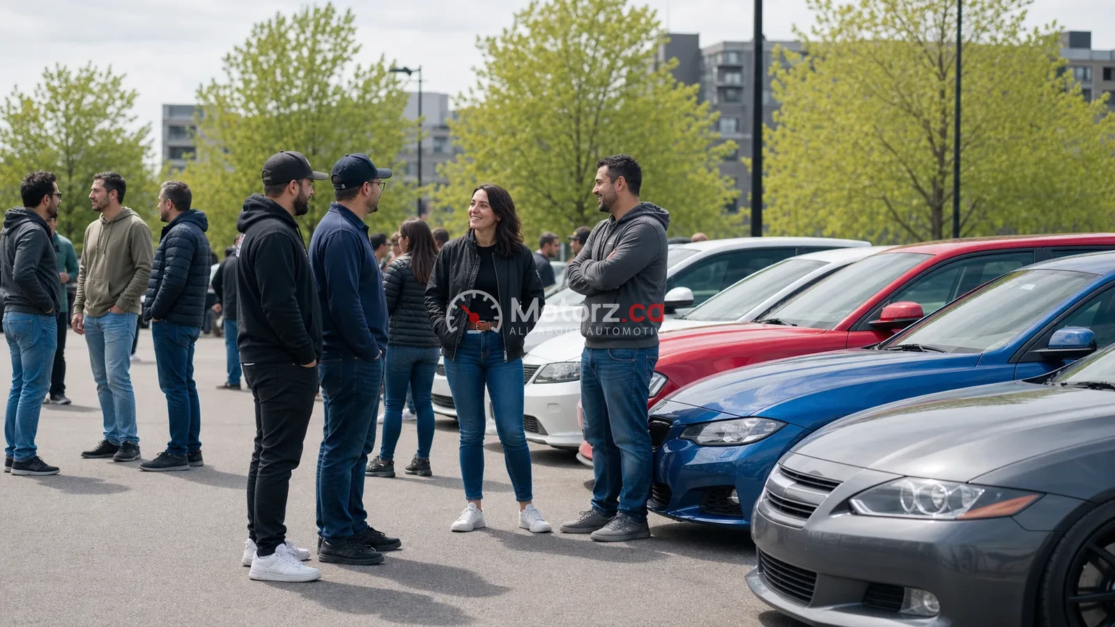 Diverse group of automotive enthusiasts talking beside parked cars at a permitted Montréal gathering