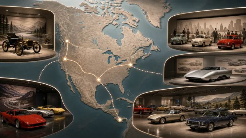 Illustrated North American road map connecting five different automotive museum exhibits