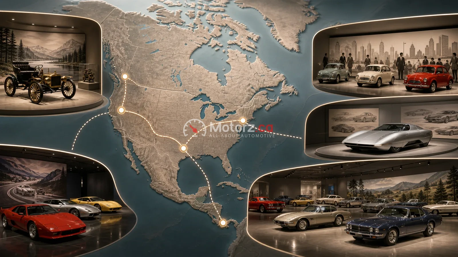 Illustrated North American road map connecting five different automotive museum exhibits