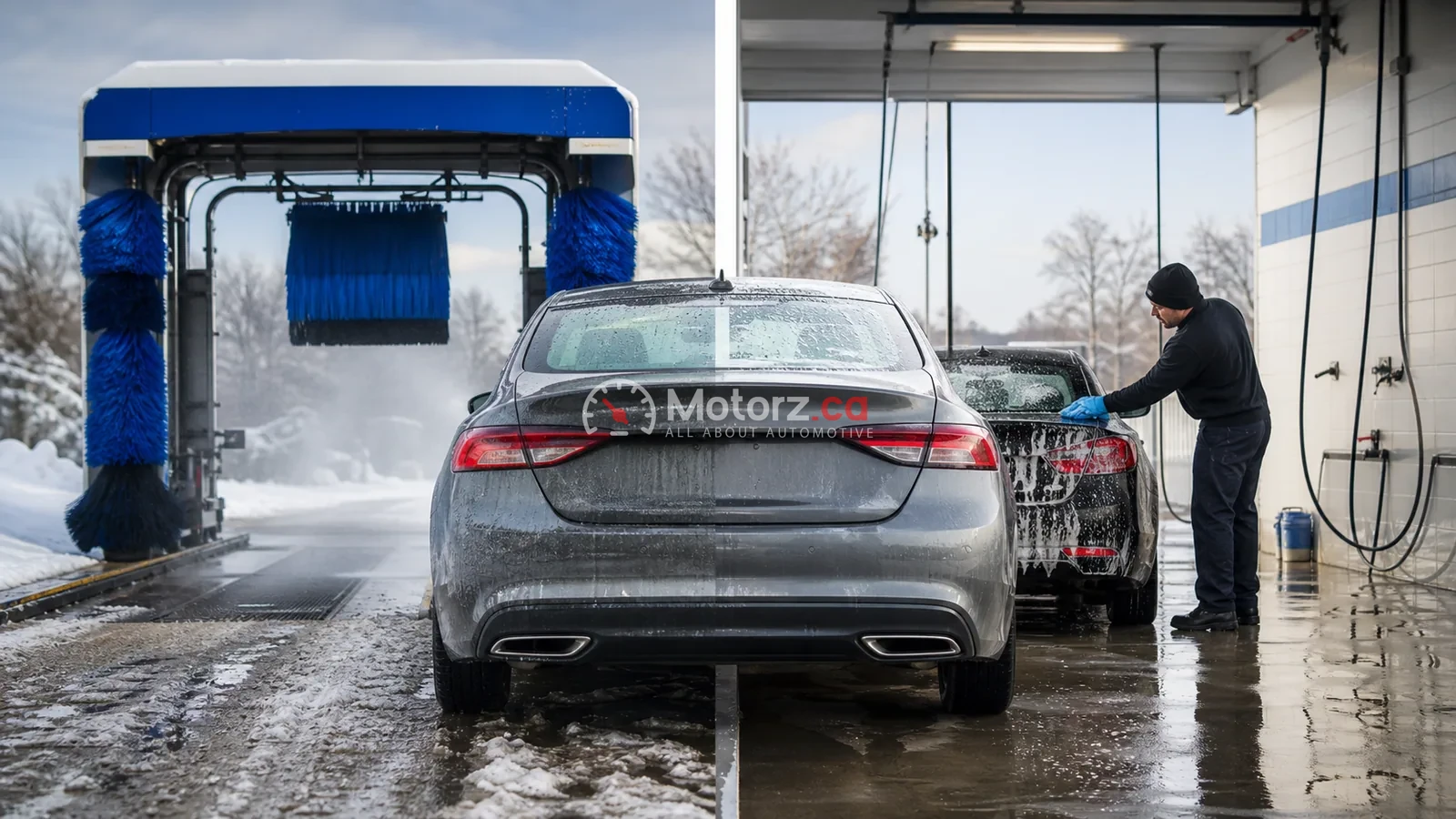 Automatic vs. Hand Car Wash in Ontario: How to Choose 1 Car beside touchless and hand-wash bays during an Ontario winter
