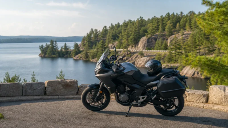 Conceptual illustration of a touring motorcycle stopped at an Ontario lakeside lookout