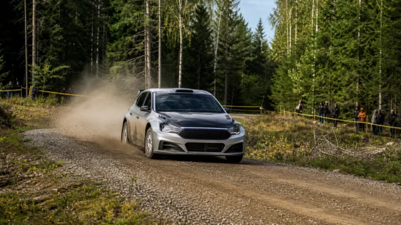 Rally car competing on a closed gravel stage at a sanctioned Ontario event