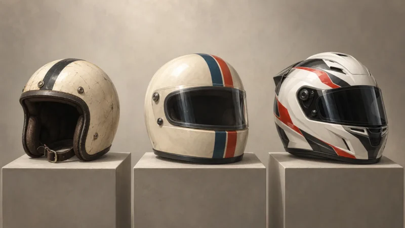 Illustration of three generations of motorsport helmet design.