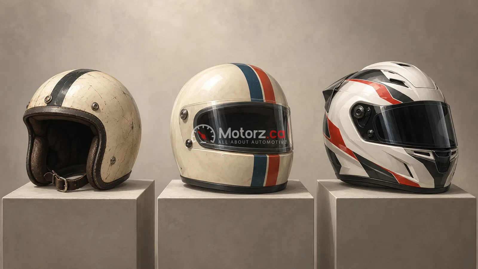 Illustration of three generations of motorsport helmet design.