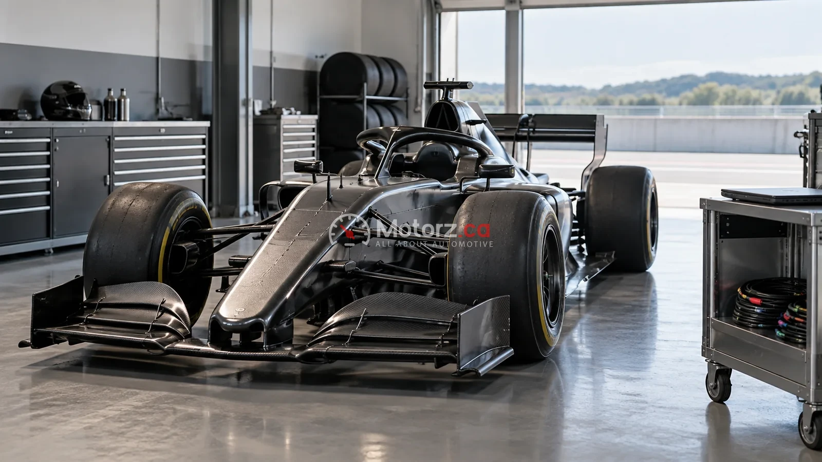 Conceptual race car in a fictional garage with a closed laptop and sensor cables