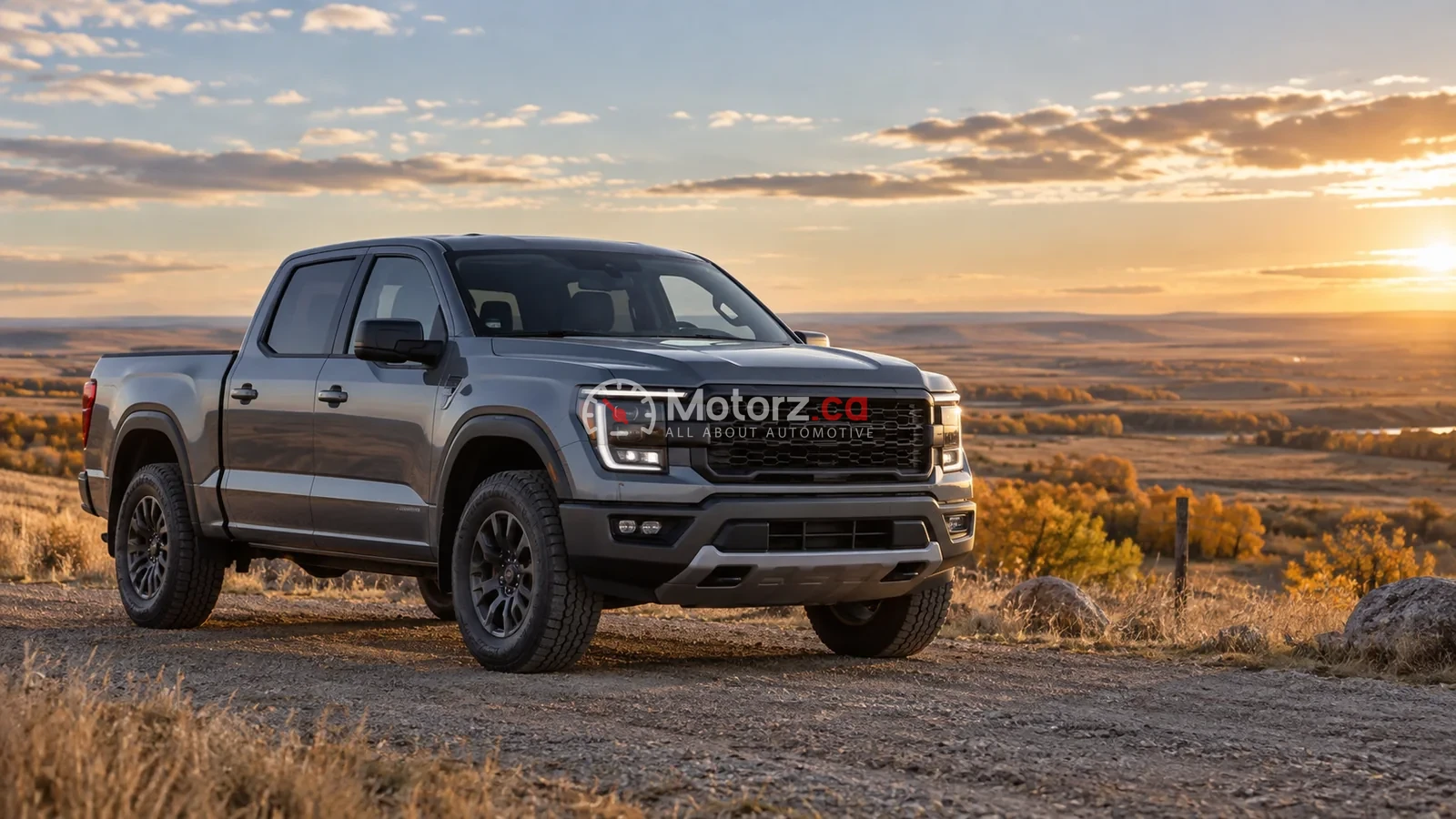 Conceptual pickup parked beside an autumn prairie landscape, not a specific Alberta location