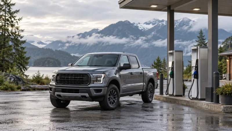 Gas vs. Diesel in British Columbia: Compare Your Actual Ownership Costs 17 Conceptual illustration of a pickup at a rural fuel station beneath British Columbia mountains