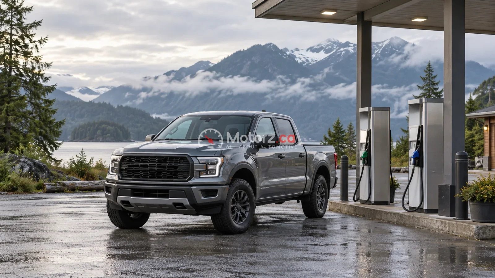 Conceptual illustration of a pickup at a rural fuel station beneath British Columbia mountains