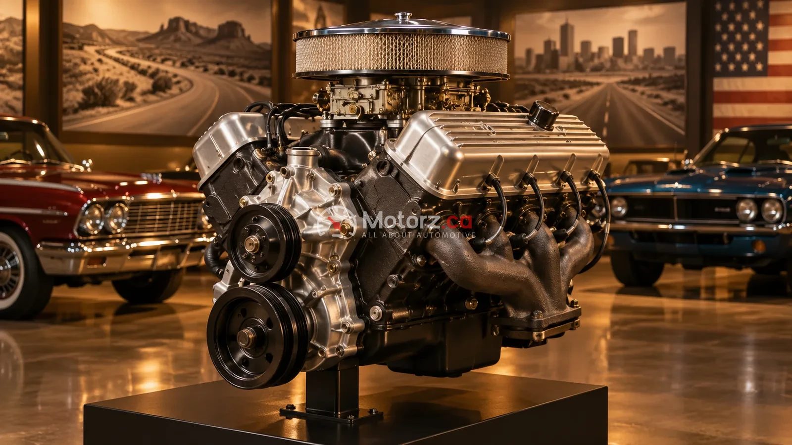 Conceptual illustration of a V8 engine in an archival-style display.
