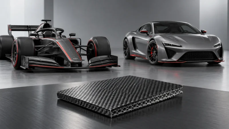 From motorsport to road cars: two documented technology journeys 13 Conceptual illustration of race and road cars beside a composite panel.