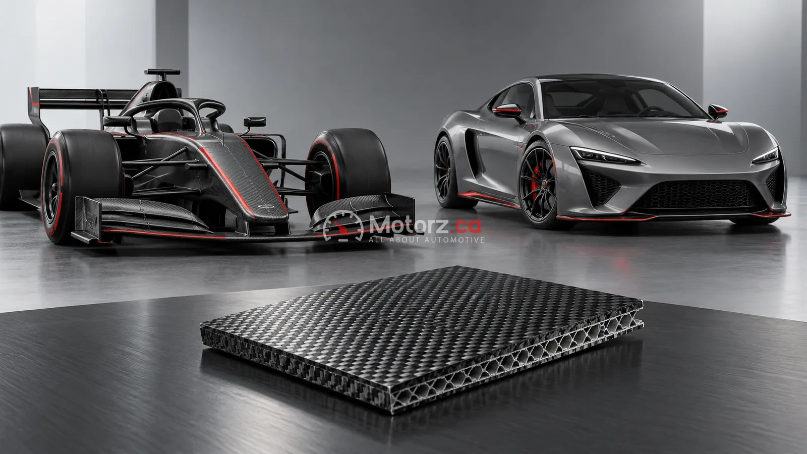 From motorsport to road cars: two documented technology journeys 3 Conceptual illustration of race and road cars beside a composite panel.