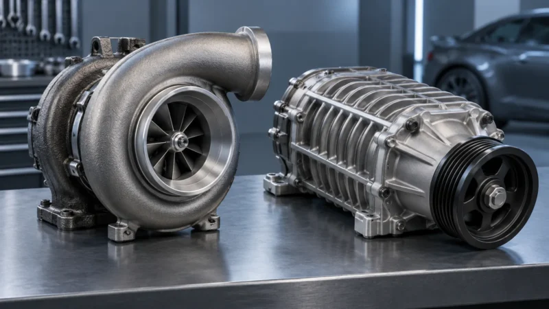 Conceptual illustration of turbocharger and belt-driven supercharger housings.