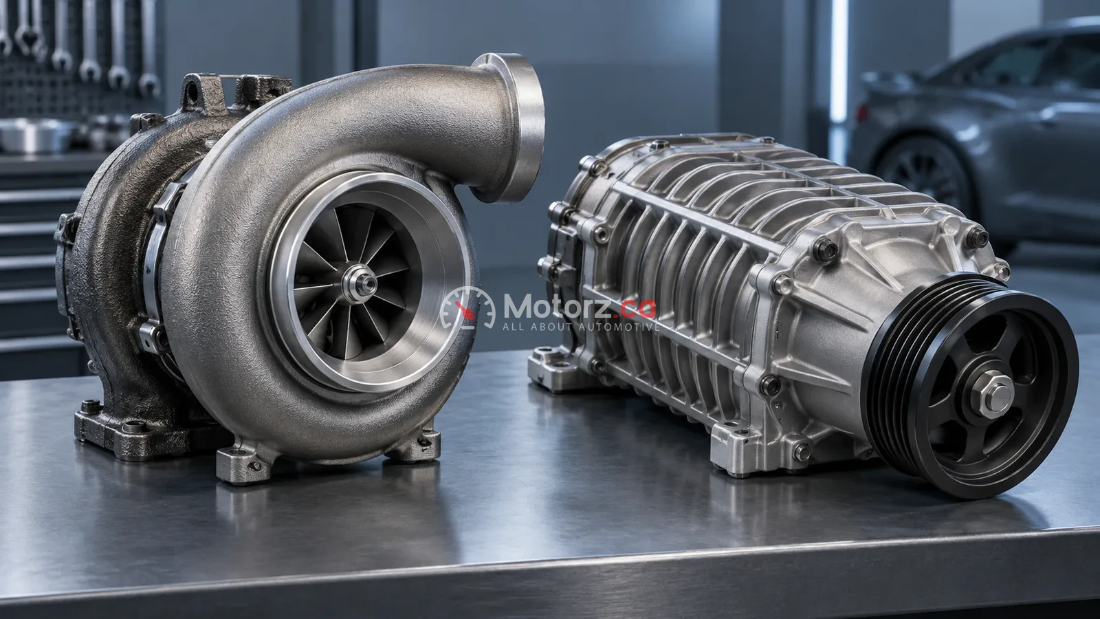 Conceptual illustration of turbocharger and belt-driven supercharger housings.
