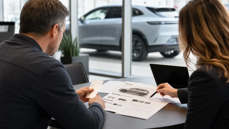 Pre-Ordering a New Car in Canada: Deposits, Contracts and Delivery Questions 13 Buyer reviewing a written new-car order and deposit terms at a Canadian dealership.
