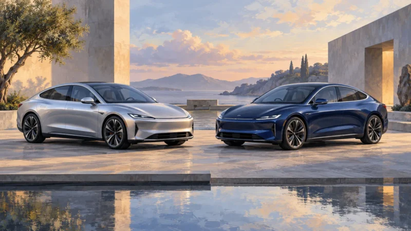 Audi A6 e-tron vs. the Tesla Model S Benchmark: What Has Changed 12 Conceptual illustration of two premium electric sedans.