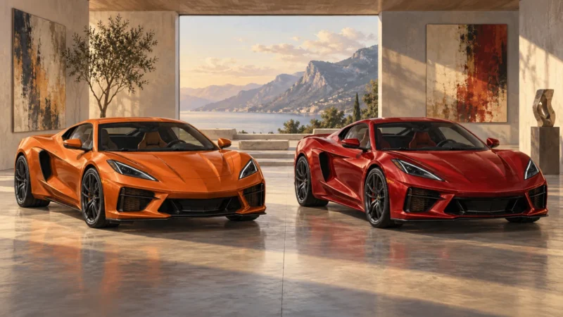 Conceptual illustration of orange and red performance coupes.