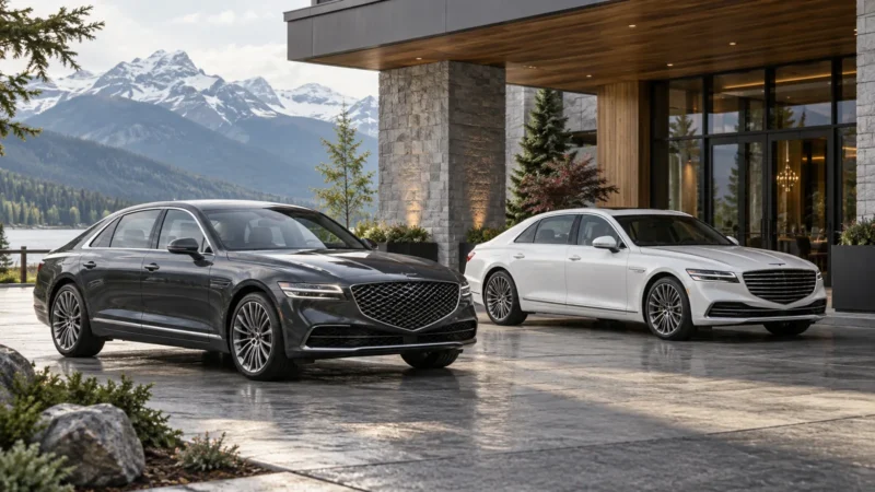 Genesis G90 vs. Mercedes-Benz S-Class: Canadian Equipment and Ownership Fit 11 Conceptual illustration of two full-size luxury sedans outside a modern Canadian hotel