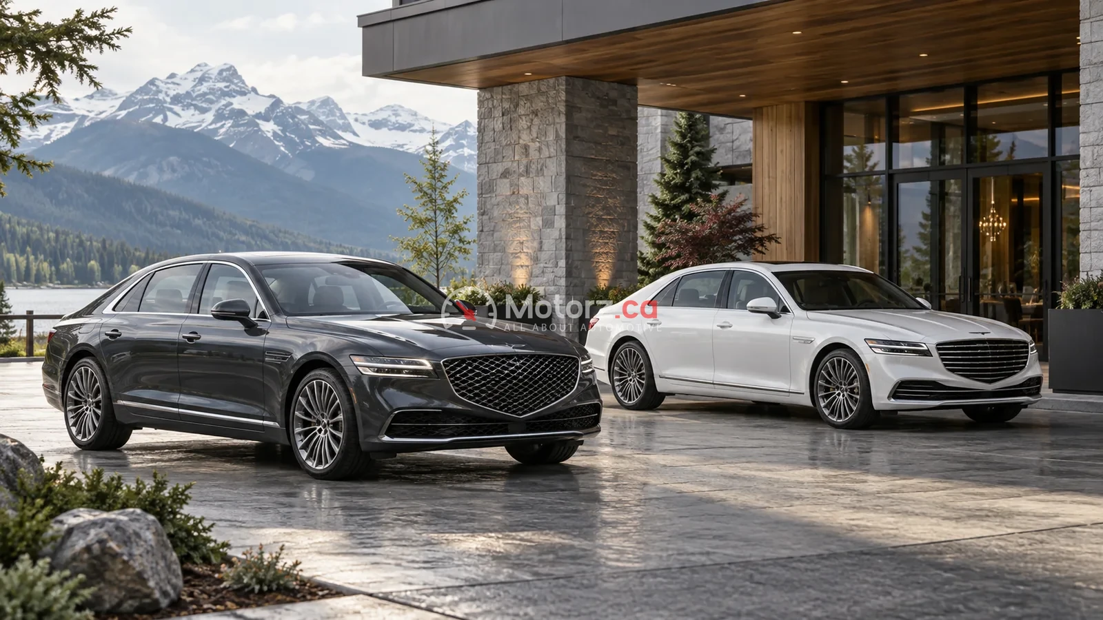 Genesis G90 vs. Mercedes-Benz S-Class: Canadian Equipment and Ownership Fit 1 Conceptual illustration of two full-size luxury sedans outside a modern Canadian hotel