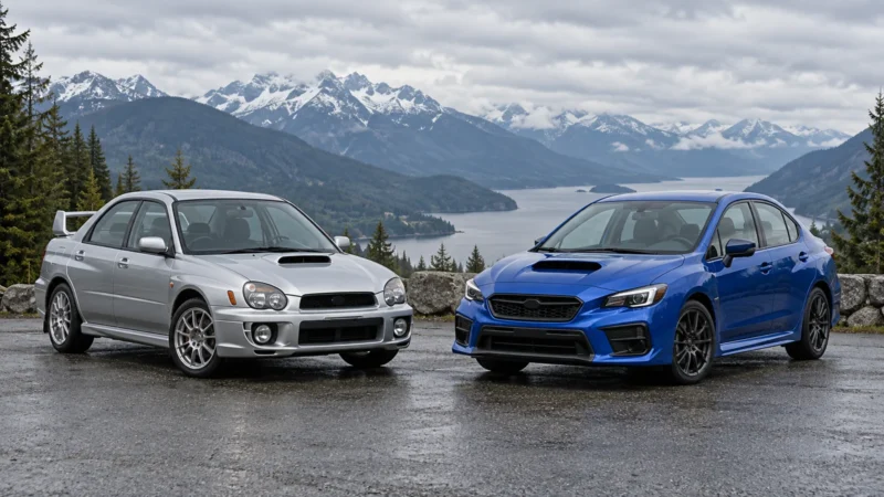 Conceptual illustration of two compact performance sedans parked at a Canadian mountain overlook