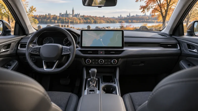 Car Infotainment in Canada: How to Compare Screens, Phones and Subscriptions 20 Conceptual illustration of a parked car dashboard with a central navigation screen and physical controls