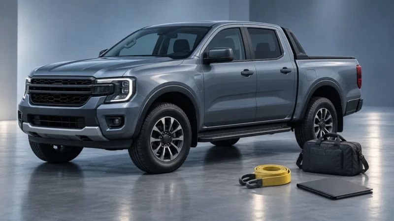 Conceptual illustration of a generic pickup beside a travel bag and equipment folder.
