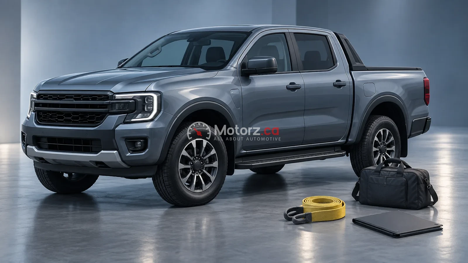 Conceptual illustration of a generic pickup beside a travel bag and equipment folder.