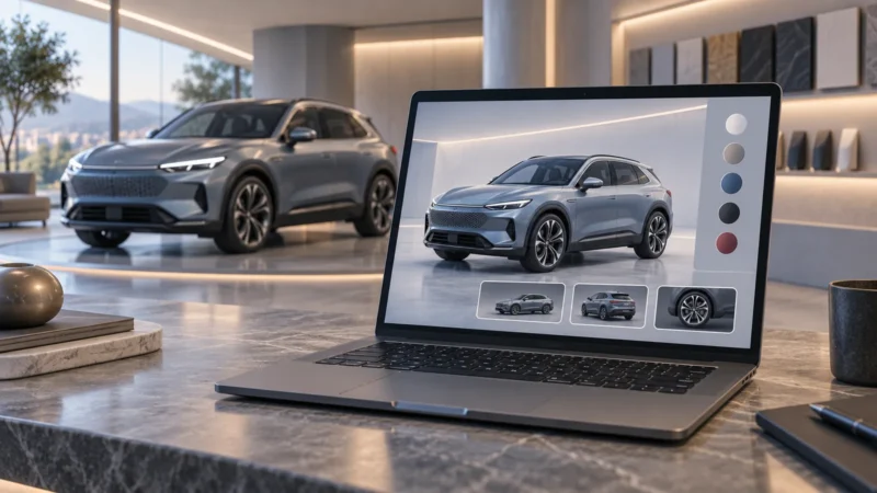 Conceptual illustration of a laptop displaying a generic vehicle configurator.