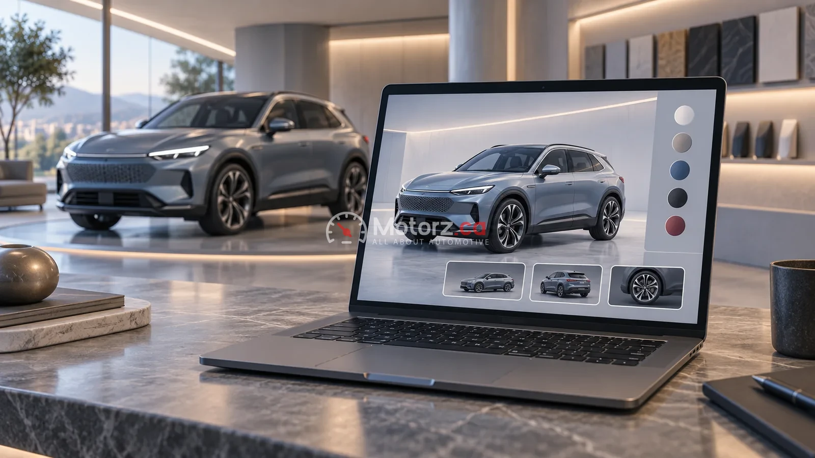 Conceptual illustration of a laptop displaying a generic vehicle configurator.