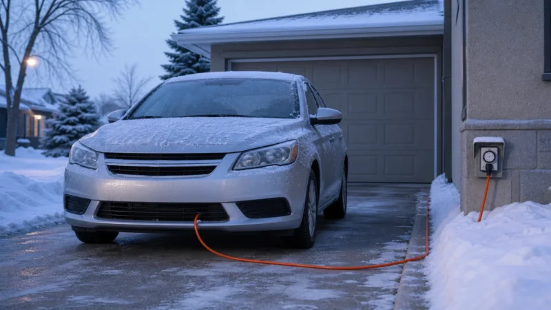 Do You Still Need a Block Heater in Winnipeg? 13 Conceptual illustration of an unbranded car outdoors in Winnipeg connected to an intact outdoor cord with a timer symbol