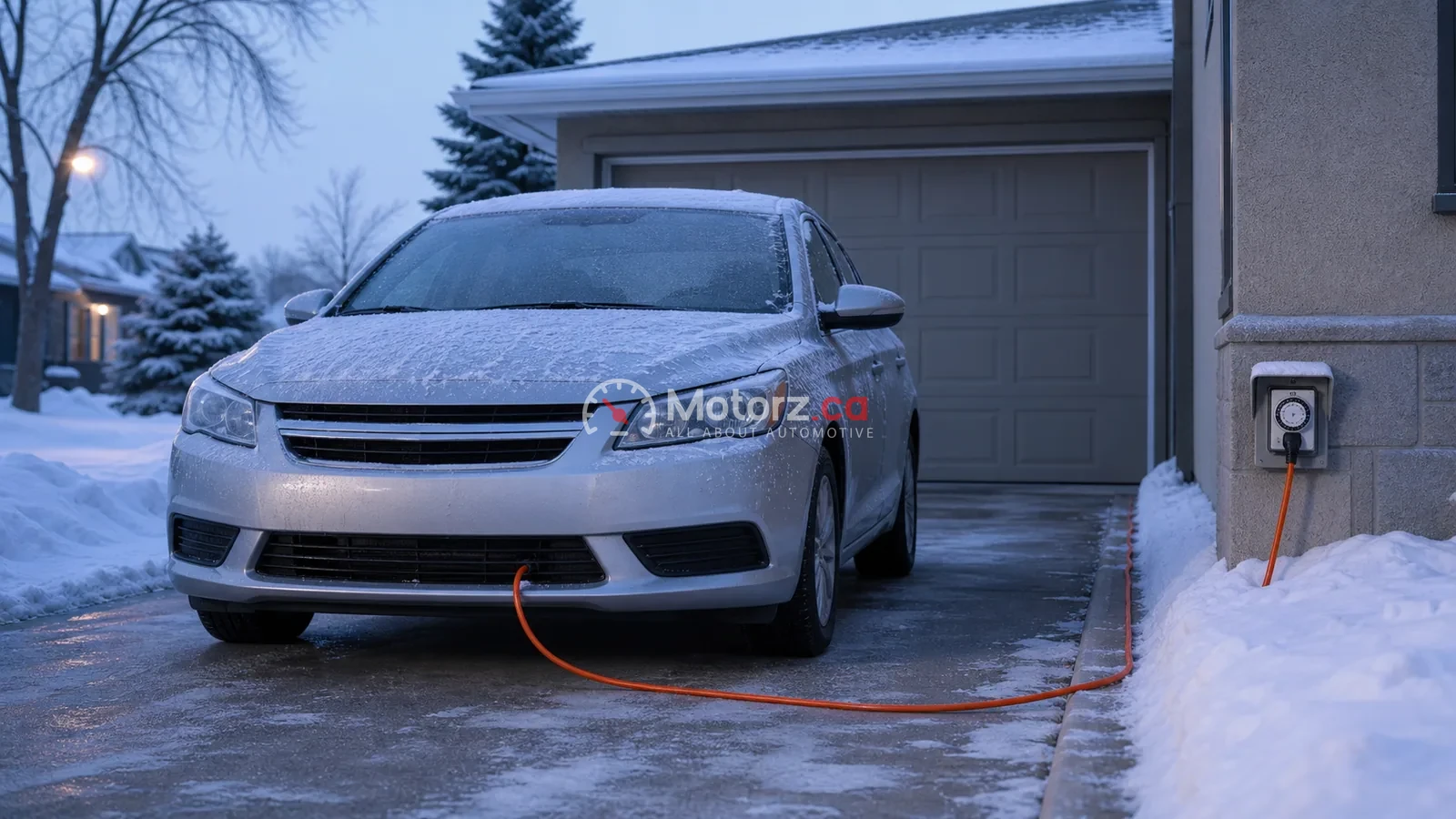Do You Still Need a Block Heater in Winnipeg? 3 Conceptual illustration of an unbranded car outdoors in Winnipeg connected to an intact outdoor cord with a timer symbol