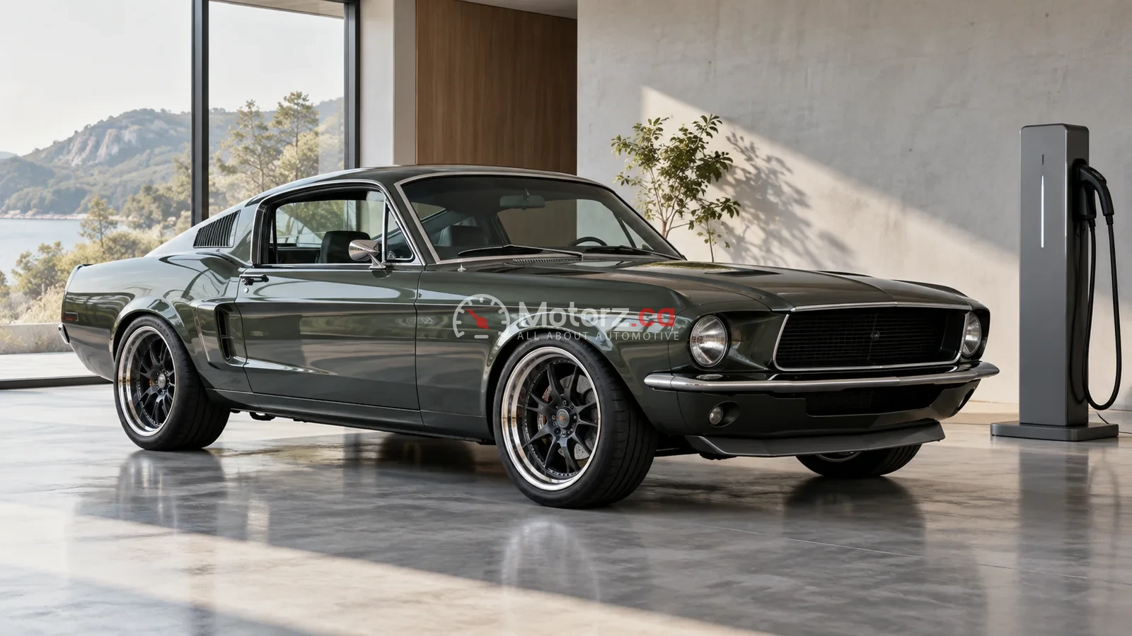 EV Restomods in North America: Projects, Preservation and Limits 3 Conceptual classic coupe beside a charging pedestal, not a completed conversion project