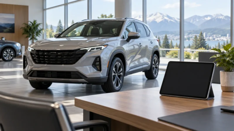 Conceptual automotive showroom with a generic car and blank tablet