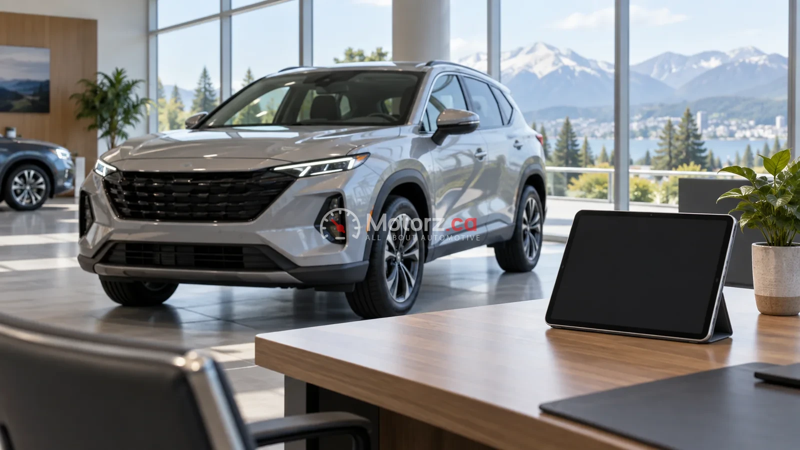 Conceptual automotive showroom with a generic car and blank tablet