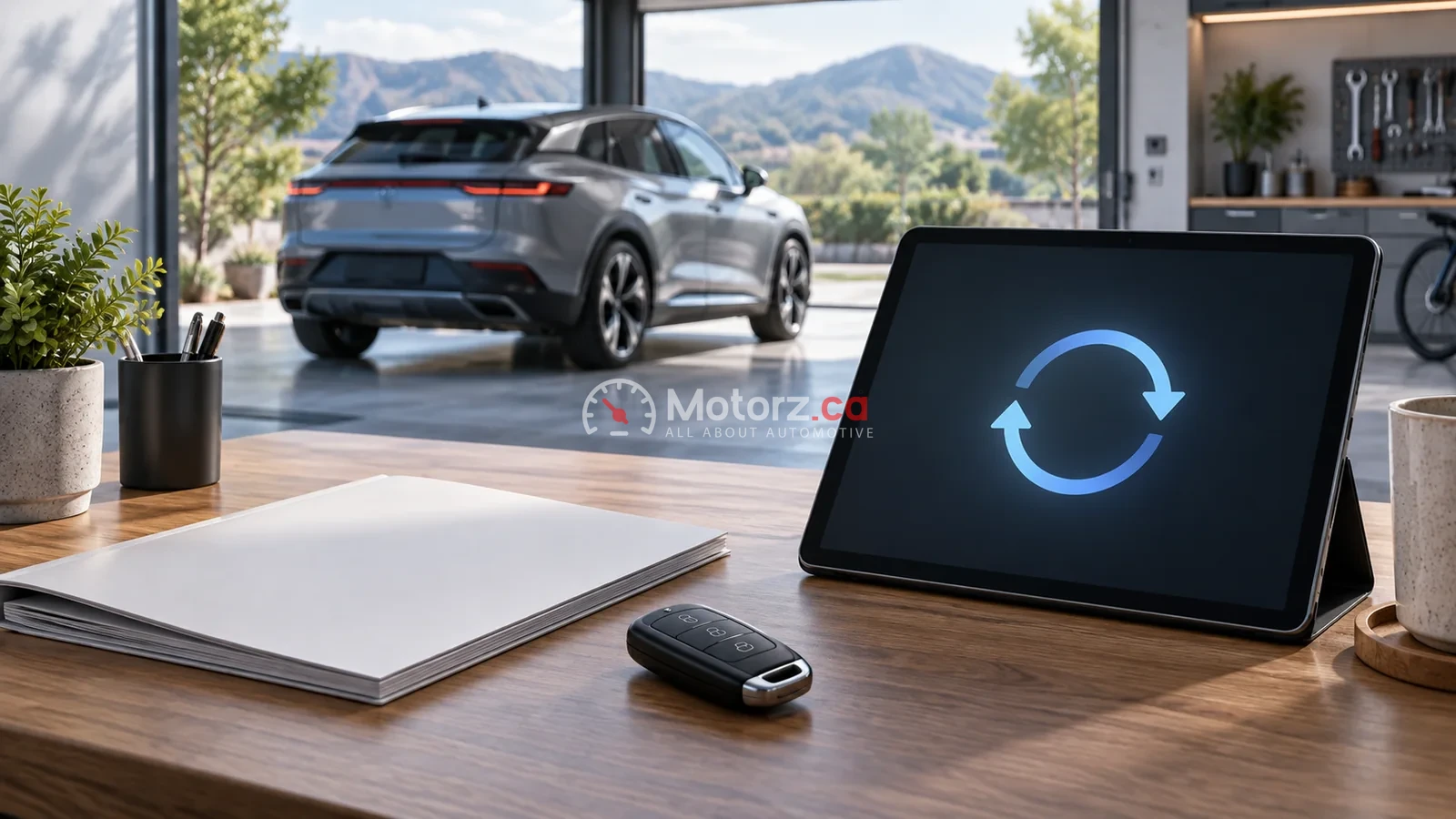 Conceptual illustration of vehicle service documents, a key and a tablet beside a parked car
