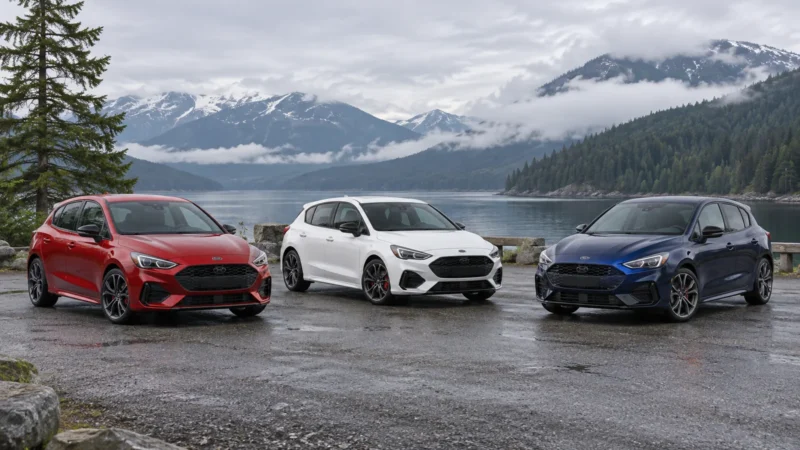 Conceptual illustration of three compact performance hatchbacks parked at a Canadian lakeside